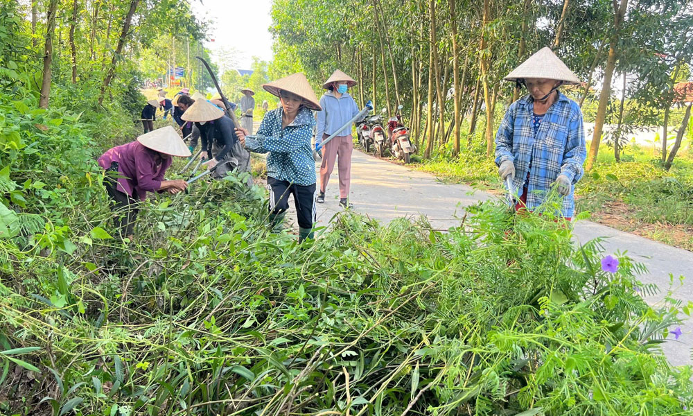 Người dân thôn Tân Chung phát quang cỏ dại trên tuyến đường thôn.