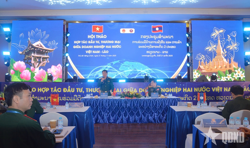 Thiếu tướng Đào Minh Đạo và Thiếu tướng Xaysongkham Vorachith chủ trì phiên thảo luận tại hội thảo.