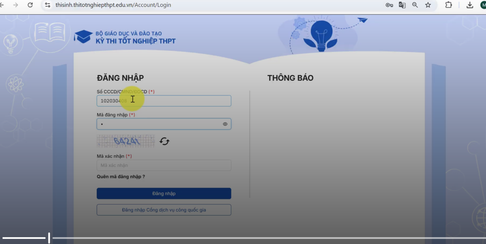 Thí sinh đăng nhập theo hướng dẫn của Bộ Giáo dục và Đào tạo. Ảnh: Chụp màn hình