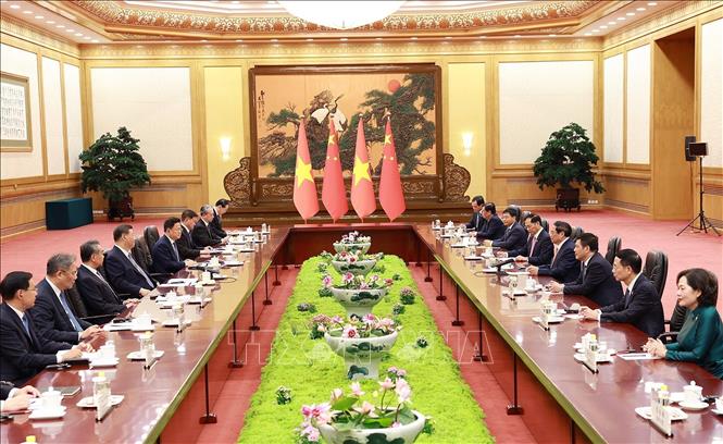 Thủ tướng Phạm Minh Chính hội kiến Tổng Bí thư, Chủ tịch Trung Quốc Tập Cận Bình. Ảnh: Dương Giang/TTXVN 