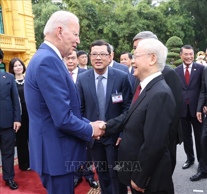 Tổng Bí thư Nguyễn Phú Trọng đón Tổng thống Hoa Kỳ Joe Biden, chiều 10/9/2023. Ảnh: Trí Dũng/TTXVN