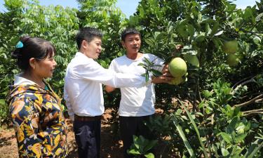 Cán bộ xã Tân Thanh (Lạng Giang) chia sẻ kinh nghiệm sản xuất, trồng trọt với anh Hà Văn Diện là hộ mới thoát nghèo