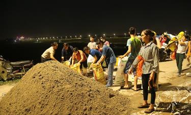 Người dân khu phố Đẩu Hàn trắng đêm xúc cát nâng cao trình đê bối.