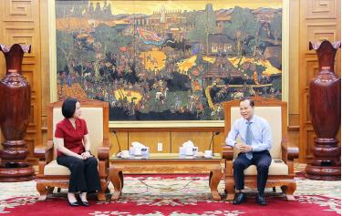 Phó Chủ tịch Thường trực UBND tỉnh Mai Sơn và Tổng Giám đốc TTXVN Vũ Việt Trang trao đổi tại buổi tiếp.