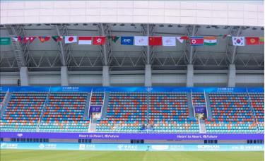 Sân Linping đã sẵn sàng cho trận đấu ra quân của Olympic Việt Nam. Ảnh: Hoàng Linh/TTXVN